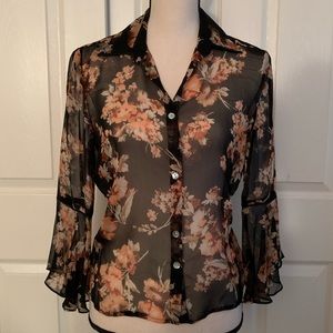 Sheer floral print bell sleeve blouse
